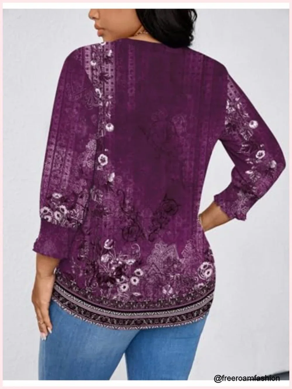 Plus Size Tunic Blouse 3/4 Sleeve V Neck Smocked Cuffs